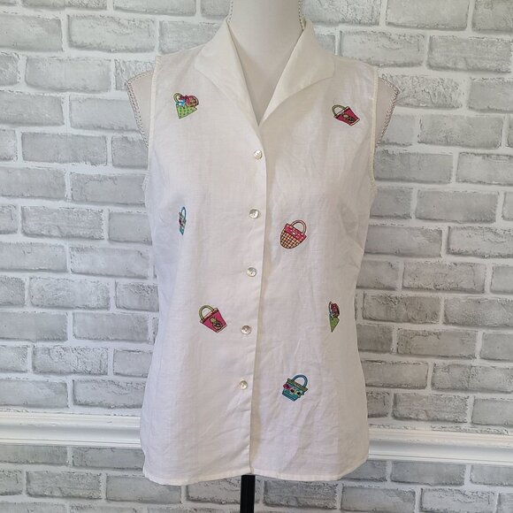 Richard Malcom Irish Linen Sleeveless Top Blouse Embroidered Baskets Coastal Med - Picture 1 of 7